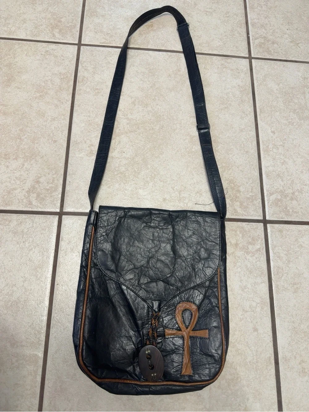 Handcrafted African Leather Ankh Crossbody Bag Boho Artisan Mali